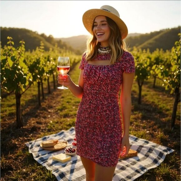 Twiin Tied Mesh Mini Dress – Red & Pink Floral Cut‑Out Neckline NWT XS - Picture 3 of 6